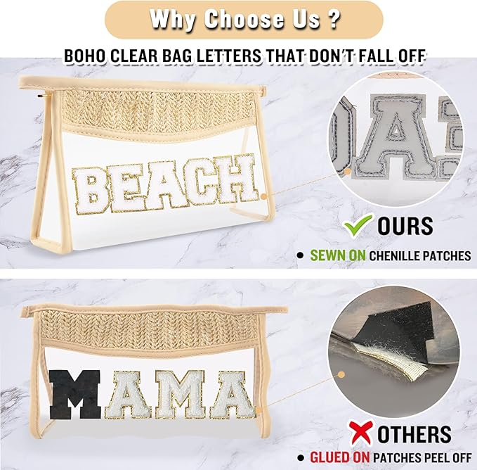 2 Pcs Boho Straw Clear Makeup Letter Bag BEACH Pouch, Sunscreen Bags for Beach Travel Small Cute Chenille Letter SPF Bag Pouch,Waterproof Beach Toiletry Sun Bag Best Beach Accessories for Women(BEACH)