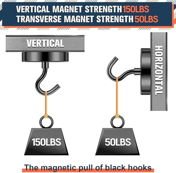 FINDMAG Black Magnetic Hooks for Classroom, 150lbs Magnetic Hooks for Cruise Cabins, Refrigerator, Whiteboard Magnets for Beach Vacation Essentials, Cubicle Accessories, Kitchen Accessories, 6 Pack