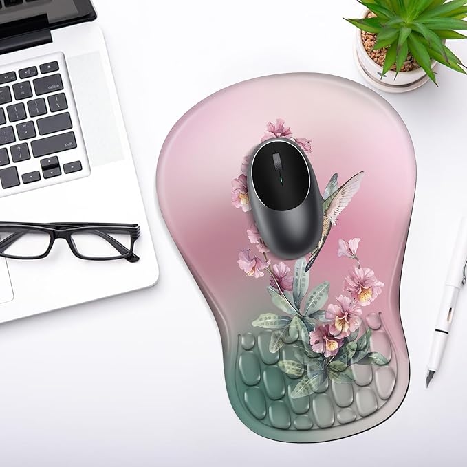 YIWEI Ergonomic Mouse Pad with Wrist Rest - Comfortable Office Mousepad with Memory Foam Wrist Support for Carpal Tunnel Relief, Mouse Pads with Non-Slip Base for Gaming and Home (Hummingbird)
