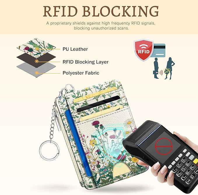 Wildflower Credit Card Holder Small Wallet Women, Flowers Slim RFID Blocking Wallet Woman Keychain with Zipper Coin Pocket, Front Pocket Thin Travel Card Case with ID Window for Ladies Gifts