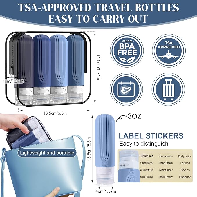 Travel Bottles for Toiletries, 3oz TSA Approved Travel Size Toiletries, Silicone Leak-Proof Refillable Containers, Squeezable Liquid Essentials Bottles W/Clear Bag (BLUE)