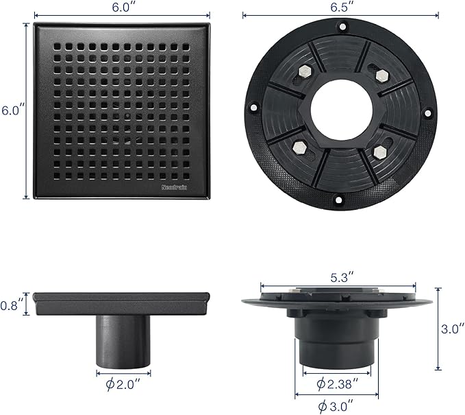 Neodrain 6-Inch Black Shower Drain, Square Drains with Removable Quadrato Pattern Cover, 304 Stainless Steel, Shower Drain Kits with PVC Base&Hair Catcher Strainer, Shiny Black