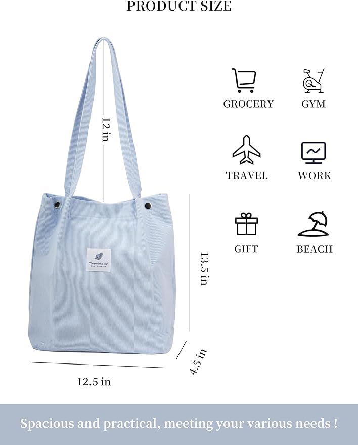 Corduroy Tote Bag Cute Tote Bags for Women Shoulder Bag with Inner Pocket for Work Beach Travel and Shopping Grocery