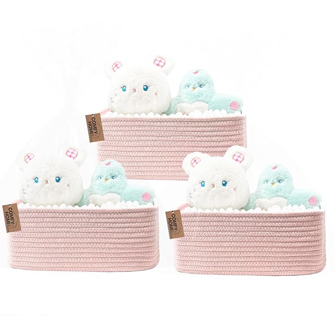 COMFY-HOMI 13" x 8.5" x 5.1"Storage Baskets for Organizing | Cotton Rope Woven Basket | Toy Storage Bin Box | Basket for Shelves, Closet Organizer Bin, Decorative Closet Shelf, 3 Pack, All pink