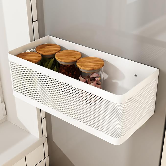 1 Pcs Magnetic Shelf For Fridge Shelves For Whiteboard Classroom Basket Organizer Holder Locker Storage Magnetic Bin Box Containers For Side Of Refrigerator (White, 11''L*4.9''W*3.9''H)