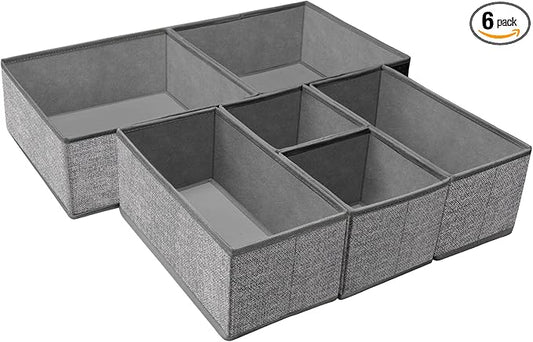 Criusia Foldable Underwear Drawer Organizer, Closet Dividers, Storage Box for Clothes, Socks (6 Bins, Gray)