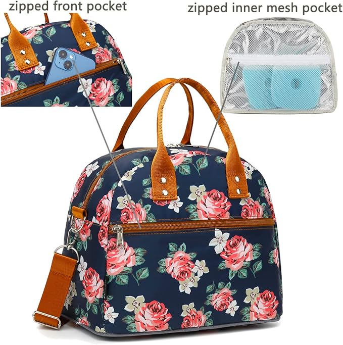 FlowFly Insulated Lunch Bag With Shoulder Strap for Women, Men, and Kids, Large and Reusable, Handle, Freezable Work and School Travel Tote and Meal Prep Organizer, Peony