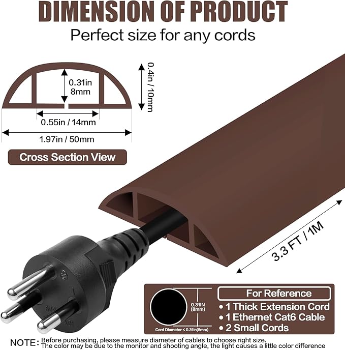 Floor Cord Cover Self Adhesive Cord Hider, 3.3FT Cable Management, Extension Strip Protector for Wires, Prevent Cable Trips for Offices, Gyms, Exhibitions Cavity: 0.47"(W) x 0.35"(H) Coffee