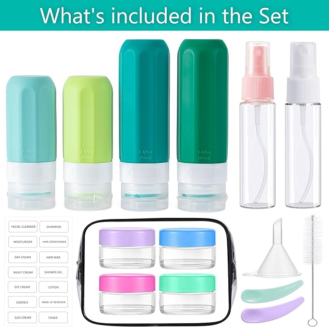 MODENGKONGJIAN 16 Pack Travel Bottles for Toiletries, TSA Approved Silicone Squeezable Travel Shampoo Bottles, 3oz Leak Proof Refillable Toiletry Cosmetic Containers (16PCS/Green)