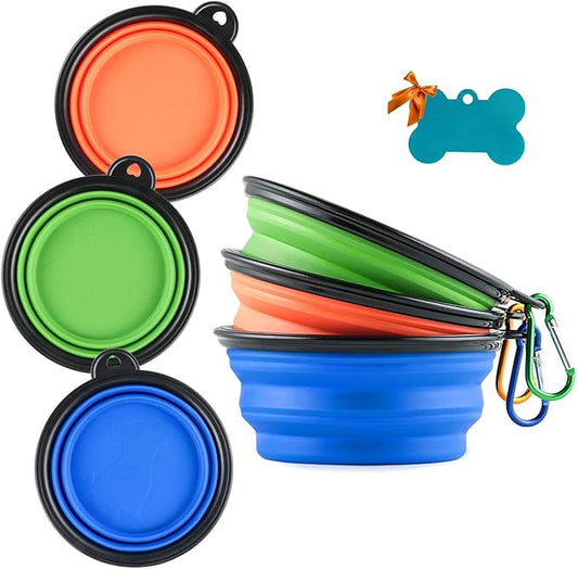 3 Collapsible Silicone Dog Bowl, Foldable Expandable Cup Dish for Small Pet Cat Food Water Feeding Portable Travel Bowl, Pet ID-Tag