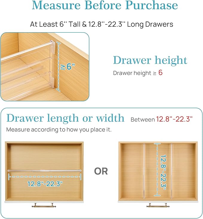 Vtopmart 4 Pack 6" Tall Upgrade Drawer Dividers for Big and Deep Drawer, 12.8"-22.3" Adjustable Expandable Dresser Drawer Organizer, Clear Plastic Separators for Dresser, Baby Supplies, Kitchenware