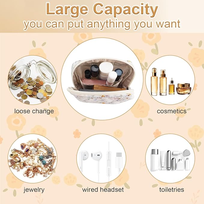 Small Quilted Cotton Makeup Bag for Purse Mini Cosmetic Period Bag for Women Cute Mixed Flower Makeup Sanitary Pouch Portable Travel Toiletry Bags with Zipper Christmas Birthday Gifts