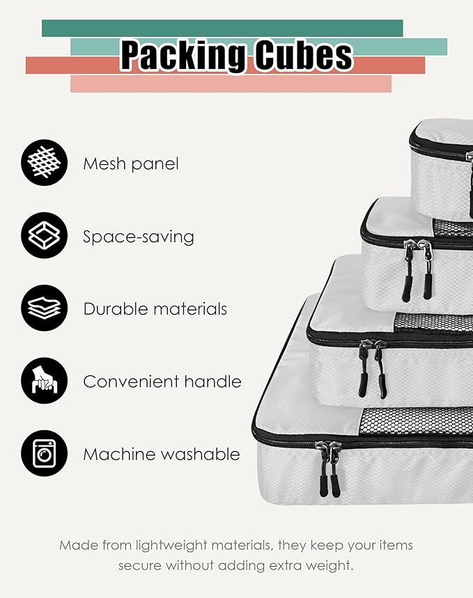 4-Piece Packing Cubes Travel Accessories Set for Suitcases - Luggage Organizer Bags with Double Zipper - Mesh Top - Small/Medium/Large/Slim - Beige