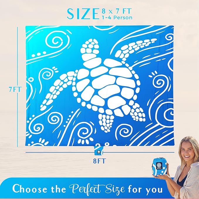 WEKAPO Beach Blanket Waterproof Sandproof Oversized Extra Large Sand Free Beach Mat with Stakes, Storage Bag - Essentials for Outdoor Beach, Picnic (Gradient Blue Sea Turtle, 8 X 7 FT (1~4 Person))