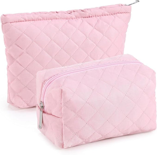 2 Pcs Pencil Case Quilted Makeup Bag Aesthetic Cosmetic Pouch for Women Puffer Travel Toiletry Bag Set Cotton Small Purse Pouch Makeup Organizer with Zipper(Pink)