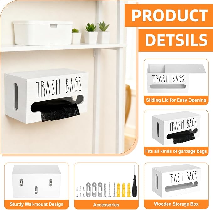 Trash Bag Dispenser, Double Wall Mounted, Wood Trash Bag Holder, used in kitchen, garage, laundry room, can store environmentally friendly food bags and garbage bags (White/Small)