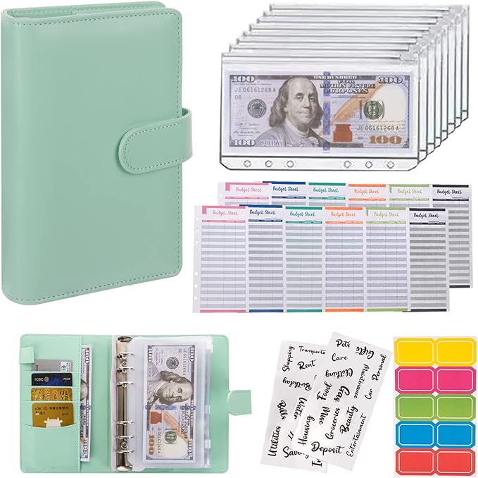 NICOOTHBudget Binder Cash Envelopes A6 Money Saving Binder with Zipper envelopes (Green)