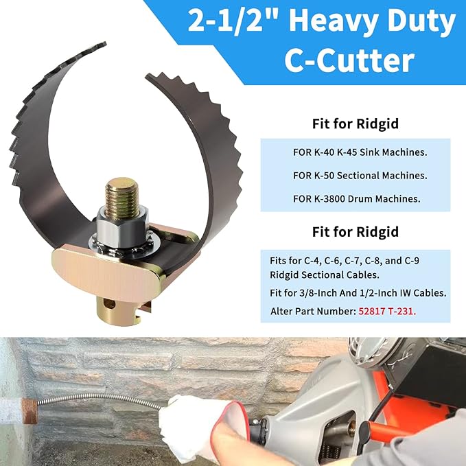 52817 T-231 2-1/2" Heavy Duty C Cutter Drain Cleaner Tools for Ridgid c-4, c-6, c-7, c-8, c-9 Sectional Cables, Compatible with K-40 K-45 K-50 K-3800 Drain Cleaning Machines