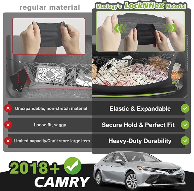 Muslogy Envelope Style Trunk Cargo Net Compatible with 2018-2024 2025 Toyota Camry Accessories Custom Fit Trunk Organizer Upgraded Mesh Storage Luggage Net