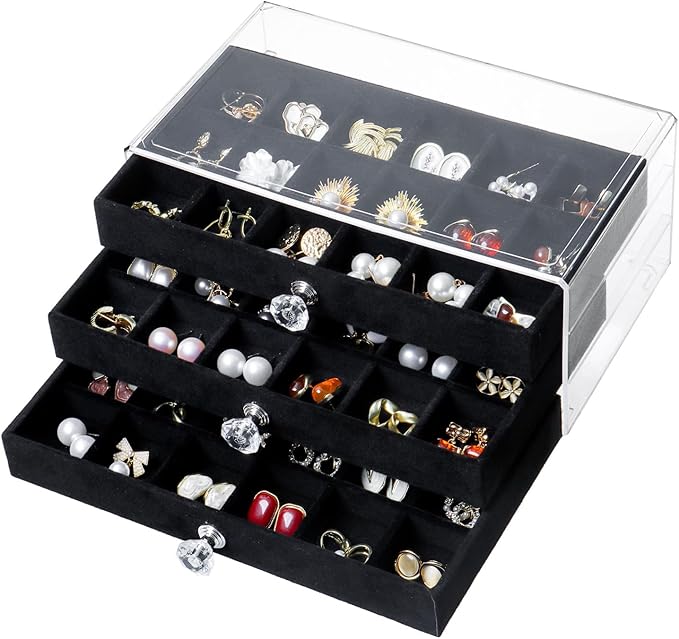 SPAKOWN Earring Box Holder Organizer Case, Clear Velvet Jewelry Storage Tray Organizer for Earring Ring Stud (Black - 3 Drawers)