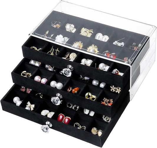SPAKOWN Earring Box Holder Organizer Case, Clear Velvet Jewelry Storage Tray Organizer for Earring Ring Stud (Black - 3 Drawers)