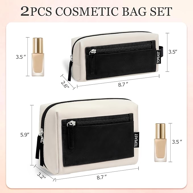 TOPEAST Christmas Gifts for Women Girls - 2Pcs Makeup Bag Small Travel Cosmetic Bag, Make Up Bag Purse for Women, Waterproof Pouch Set Open-Wide Makeup Organizer, Beige Black