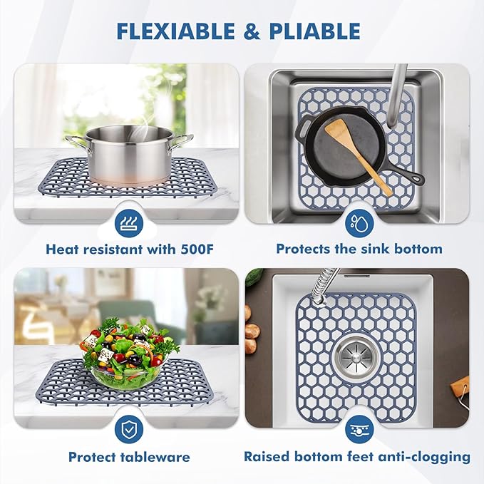 2 Pack Silicone Sink Protectors for Kitchen Sink with Center Drain - 12" x 11" Kitchen Accessory, Non-Slip Heat-Resistant Mat for Bottom of Porcelain Stainless Steel, Dishwasher Safe