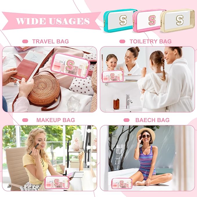 Personalized Initial Letter Clear Makeup Bag,Preppy Small Nylon&PVC Cosmetic Zipper Bag with Chenille Letter,Portable Beach Travel Skincare Toiletry Bag,Trendy Monogram Gift for Teen Girls Women,S