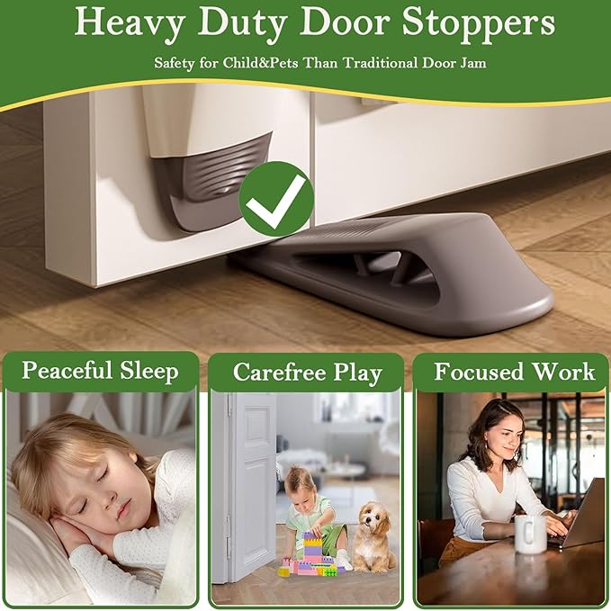 Fursafe&Q Rubber Door Stoppers for Bottom of Door, Door Stop Wedge with Holder, Heavy Duty Doorstops 4 Pack, Wall Protector for Home & Office & School & Commercial Doorstop Keep Open Stack Brown
