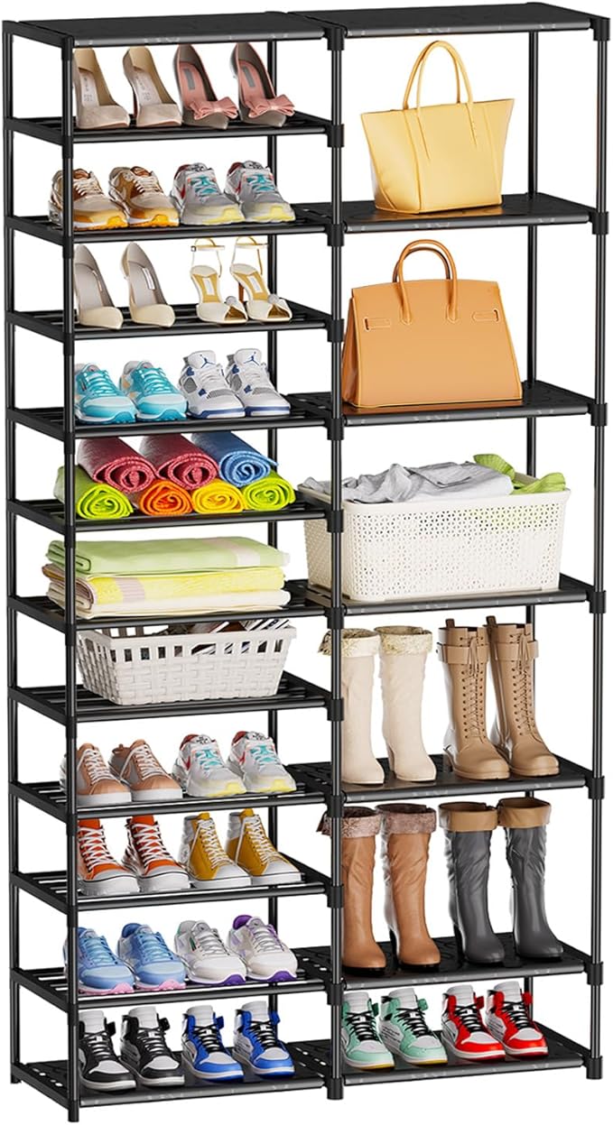 12 Tier Shoe Rack Tall, Shoe Rack Organizer, Large Capacity Holds 34-50 Pairs, Boot Rack Organizer for Entryway, Closet, Garage, Black