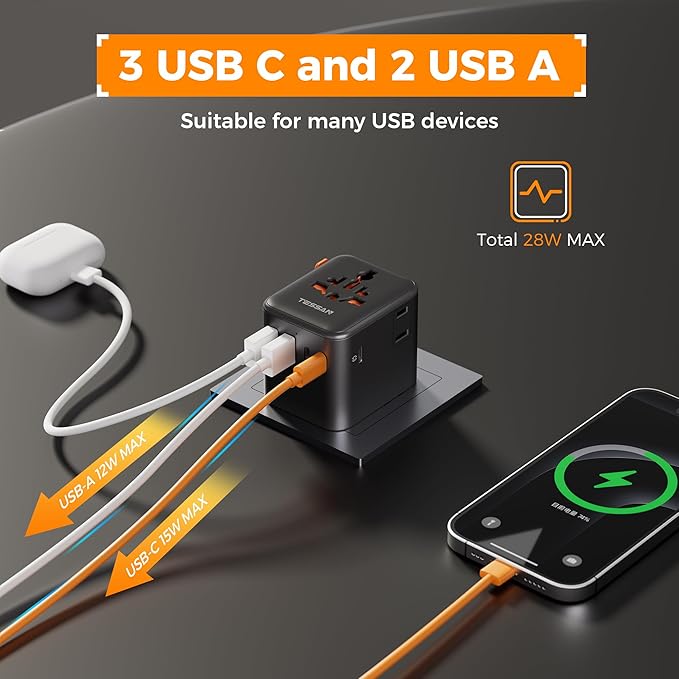 TESSAN Universal Travel Adapter 28W, International Power Adapter with 5 USB Ports (3 USB C), Travel Plug Adapter Worldwide for US to Europe UK France Germany Spain Australia (Type C G A I), Black