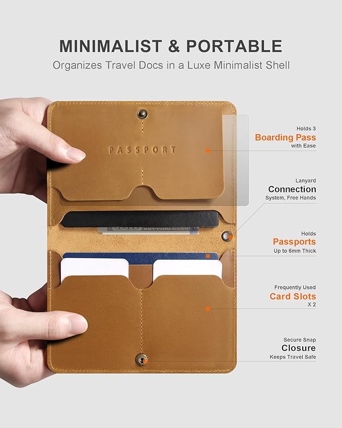 Leather Passport Holder for Travel Women Man, Button Closure Passport Wallet with Airtag Slot, Passport Cover for a Passport Book, Travel Essential & Gift