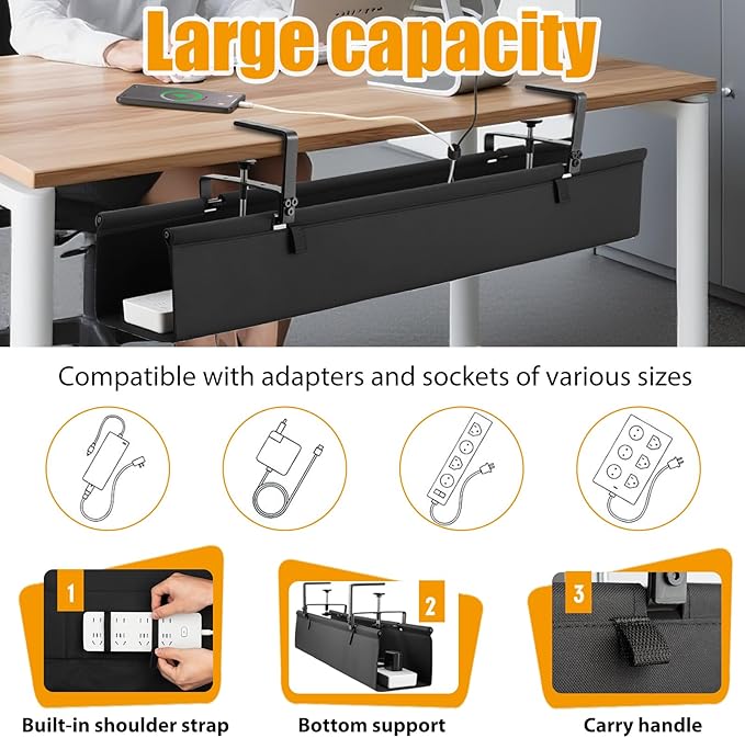 Oxford Cloth Under Desk Cable Management Tray, No-Drill 36" Desk Cable Management Organizer with Clip/Screw Installation, Fabric Cable Management for Home, Office & Gaming Computer (Black)