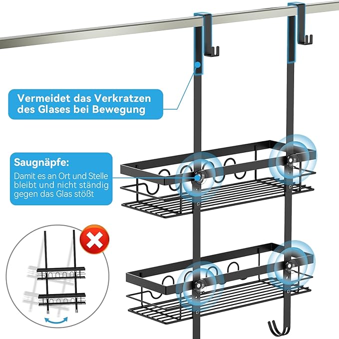 Over the Door Shower Caddy Hanging, 3-in-1 Rustproof Shower Organizer for Glass Door, No Drilling Shower Shelves with 4+3 Hooks, Wave Design, Stable, Adjustable Suitable for Kitchen/Bathroom/Balcony