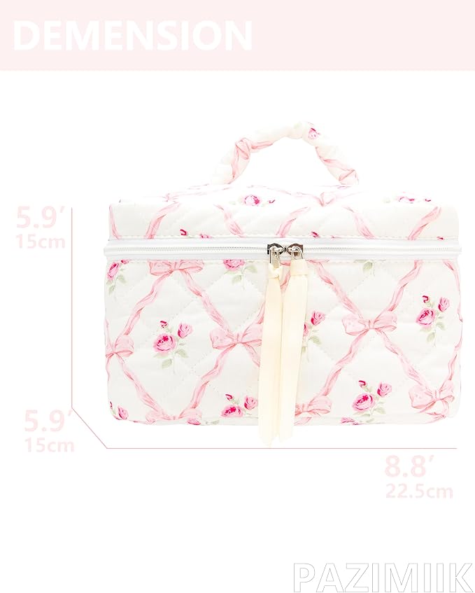 PAZIMIIK Quilted Makeup Bag Large Travel Zipper Soft Cosmetic Case for Women Girls Make Up, Bow Rose