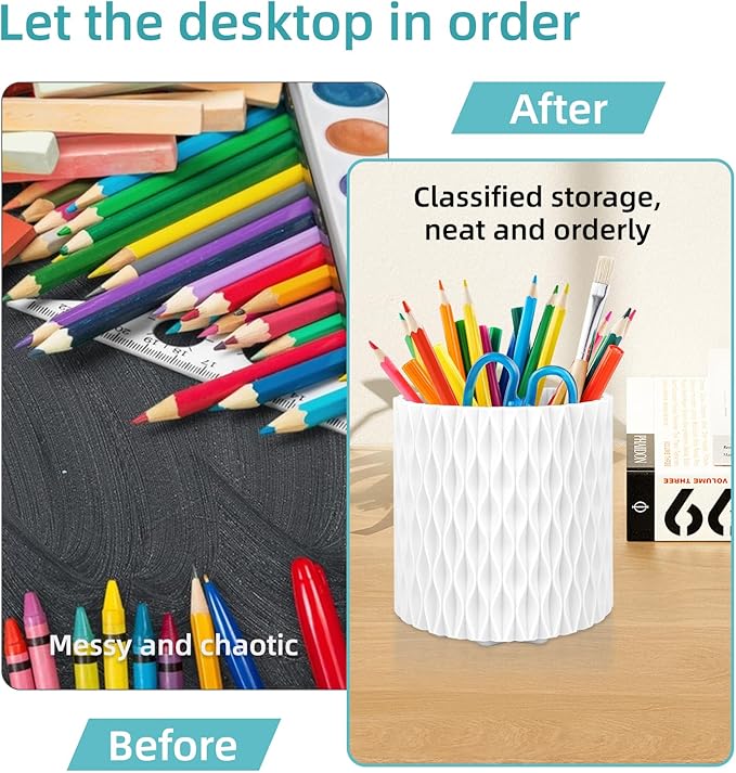 White Pen Holder for Desk, 360 Degree Rotating Desk Organizer with 5 Compartments, Pen Pencil Makeup Brush Holder, Cosmetics Lipsticks Pen Organizer for Home Office School