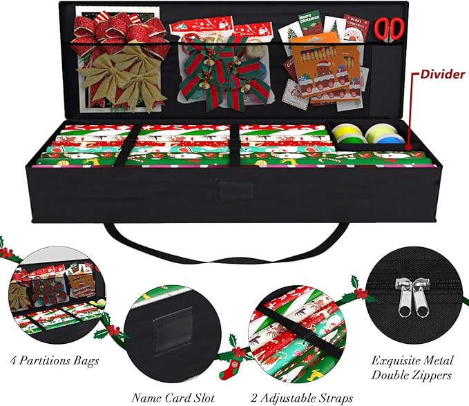 Safana 2 Pack Wrapping Paper Organizer Storage Bag, 42" Durable 600d Oxford Christmas Gift Wrapping Organizer Box Under Bed Containers for Decorations Paper Rolls, Ribbons, Bows (Golden Deer)