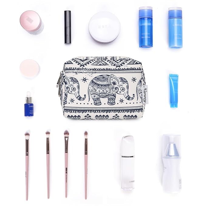 Narwey Small Makeup Bag for Purse Mini Cosmetic Bag Travel Makeup Pouch Zipper Pouch Cute Makeup Bags with Compartments for Women Girls (Elephant, Small)