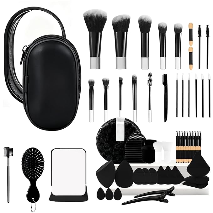 Travel Makeup Brush Set, 77Pcs Mini Makeup Kit Synthetic Foundation Concealers Eye Shadows Brushes Powder Puff with Eyelash Curler Eyebrow Razor Comb Mirror Hair Clips Cosmetic Bag (Black)