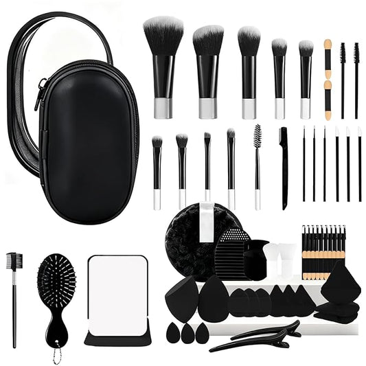 Travel Makeup Brush Set, 77Pcs Mini Makeup Kit Synthetic Foundation Concealers Eye Shadows Brushes Powder Puff with Eyelash Curler Eyebrow Razor Comb Mirror Hair Clips Cosmetic Bag (Black)