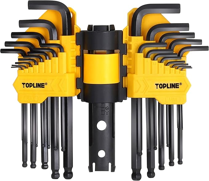 Topline 27-Piece Long Arm Allen Wrench Set with Ball End, SAE, Metric Hex Key Set Included, Hex L-Key Set, Portable Allen Key Set With Storage Rack for Basic Home Repair and General Applications