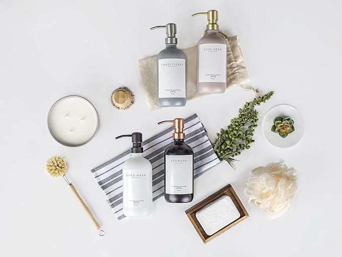 Emerson Essentials Thick Glass Soap Bottle Dispensers, 2 Pack, Non Rust Stainless Steel Pumps Hand Set for Bathroom Kitchen Sink, Shampoo Lotion Liquid Jars, 16 Oz, with 4 Waterproof Labels – White