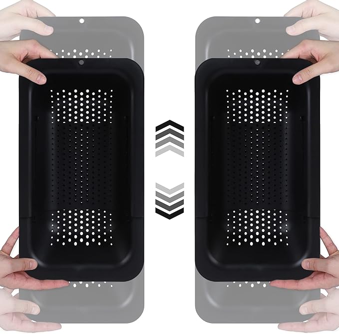 BLUE GINKGO Sink Colander Baskets - (Pack of 2) Wash Vegetables and Fruits, Drain Cooked Pasta and Dry Dishes - Extendable - New Home Kitchen Essentials (2 Black)