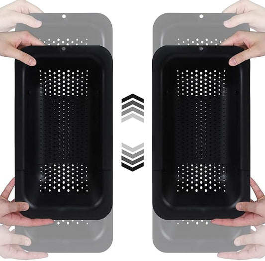 BLUE GINKGO Sink Colander Baskets - (Pack of 2) Wash Vegetables and Fruits, Drain Cooked Pasta and Dry Dishes - Extendable - New Home Kitchen Essentials (2 Black)