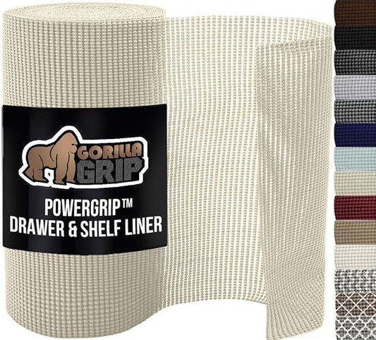 GORILLA GRIP powerGRIP Drawer Shelf and Cabinet Liner, Thick Strong Hold, Non-Adhesive Liners Protect Kitchen Cabinets and Cupboard, Bathroom Drawers, Easy Install, Breathable Mat, 12" x30', Cream