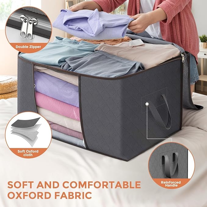 Budding Joy 90L Large Storage Bags, 10 Pack Clothes Storage Bins Foldable Closet Organizers Storage Containers with Reinforced Handle for Clothing, Blankets, Comforters, Bed Sheets, Pillows (Gray)