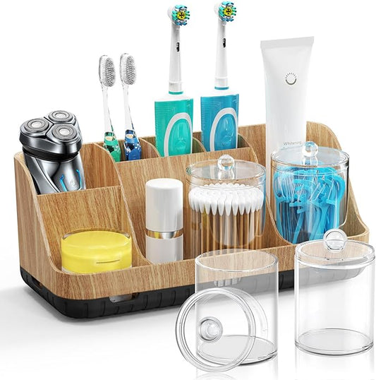 Bathroom Toothbrush Holder Set with 2-Pack Q-tip Holder Dispenser - 7-Slot Kids Bathroom Accessory Sets with Drainage, Q-Tip Holder for Bathroom Sink Counter Accessories Set