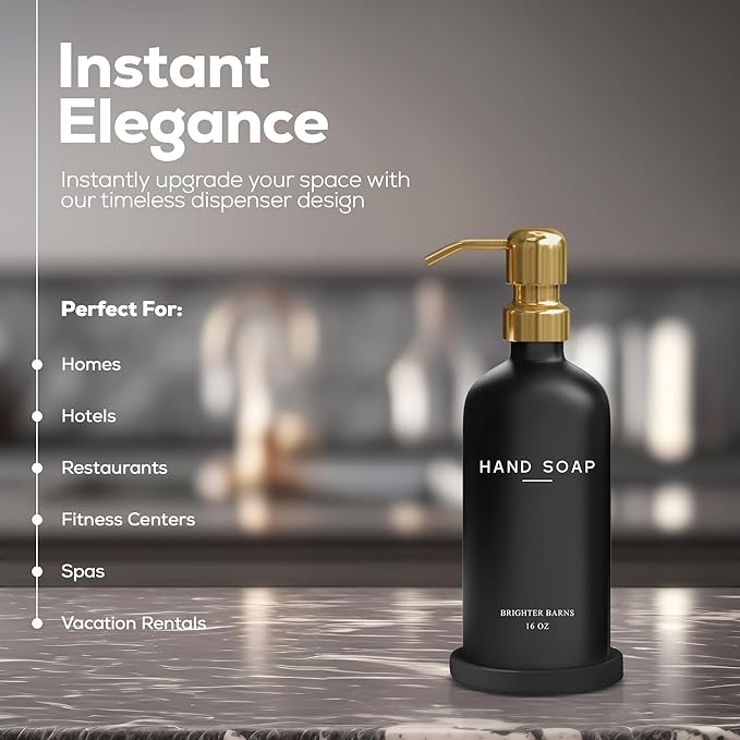 Luxury Glass Hand Soap Dispenser Bathroom Set by Brighter Barns - Refillable Glass Bottle Set - Hand Soap Dispenser for Black and Gold Bathroom Decor, Vacation Rental, Office, Spa, Hotel (Black/Gold)