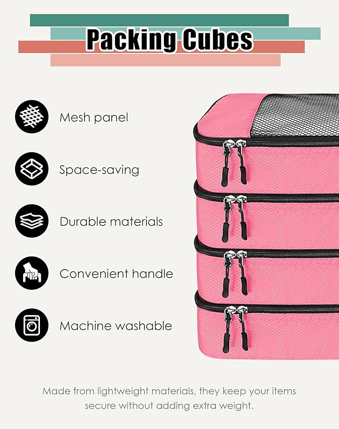 4-Piece Packing Cubes Travel Accessories Set for Suitcases - Luggage Organizer Bags with Double Zipper - Mesh Top - Large - Pink