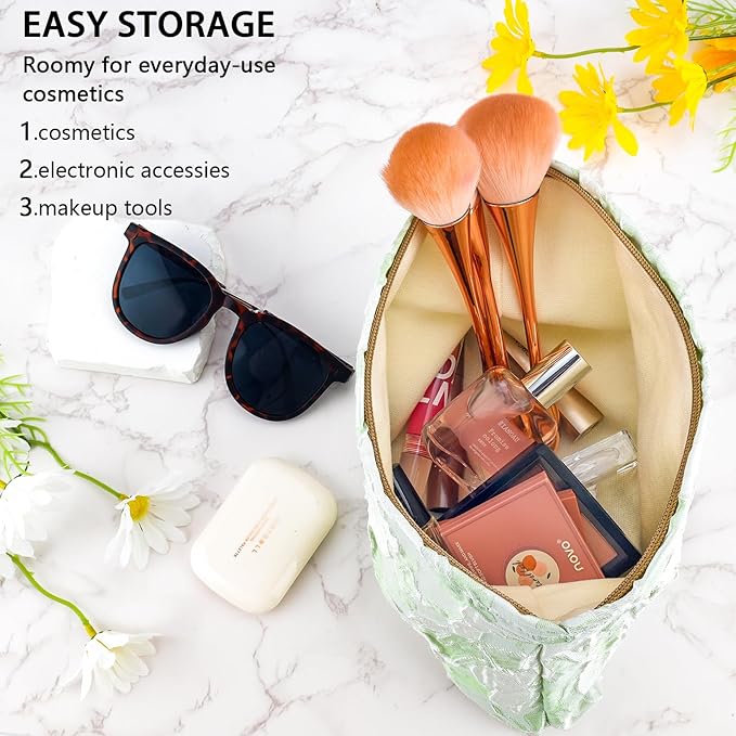 ZLFSRQ Flower Makeup Bag for Women Girls Teens Travel Cute Floral Cosmetic Bags Large Zipper Cosmetic Pouch for Purse Portable Toiletry Bag Aesthetic Embossed Green Makeup Brushes Storage Organizer